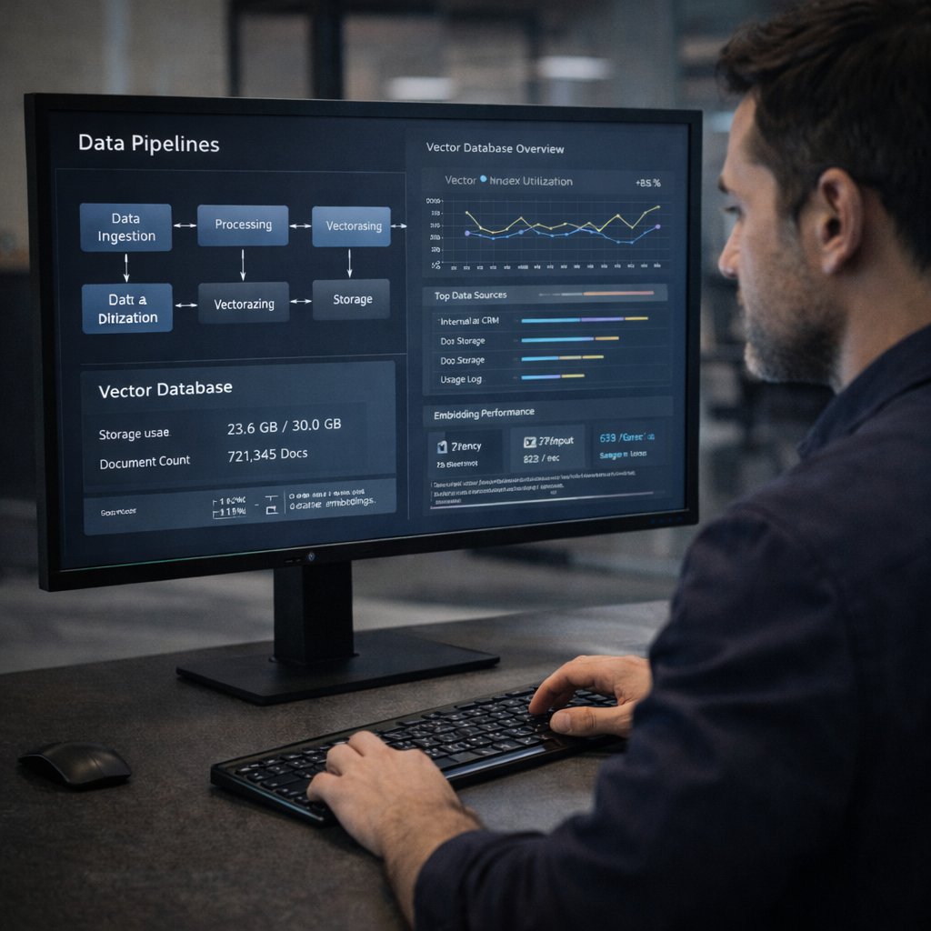 Engineer reviewing AI data pipelines and vector database infrastructure.